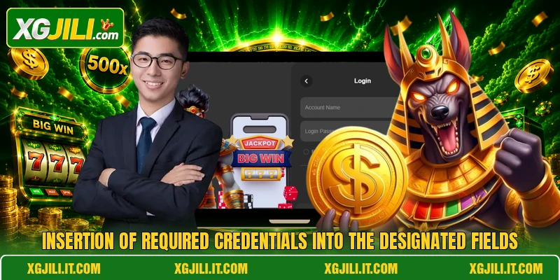 Insertion of required credentials into the designated fields